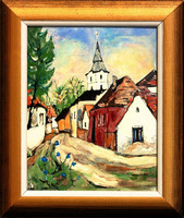 White margit: village idyll - fire enamel - framed 32x27cm - artwork 25x20cm - 22/114