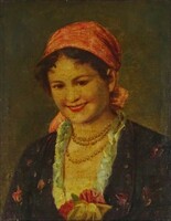 1L868 xx. Century painter: portrait of a woman with a red scarf