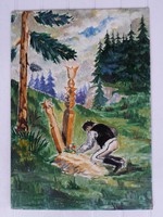 Oil-on-wood painting - Székely lad at the headstone tomb