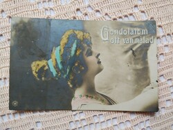 Old romantic German hand-colored photo sheet/postcard, lady portrait 1911