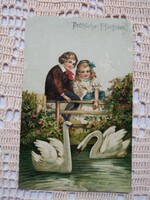 Antique litho/lithographic postcard, children, lake, swans 1917