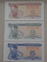 Ukraine 1 , 3 , 5 coupons karbovanec unc banknote 1991