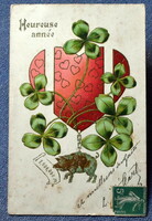 Antik szecessziós dombornyomott Újévi üdvözlő litho képeslap  Szív arany malac 4levelű lóhere