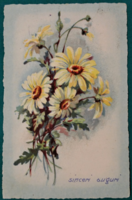 Old greeting card with flowers, daisy, 1947