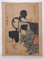 Antik Japán fametszet baba életkép 18. század mostani keretben 327 6810