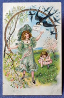 Antique gold pressed spring greeting litho postcard little girl swallows envelope spring landscape