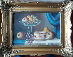 Still life, in carved frame, with shepherd's sign. Painting made with oil technique.