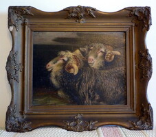 Small-scale painting depicting two sheep, marked Béla Harmann, oil on wood