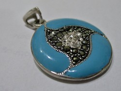 Beautiful blue enamel silver pendant with marcasite