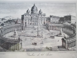 The Roman st. Péter square and the basilica with the Bellini colonnade - antique engraving, 20th century drawing