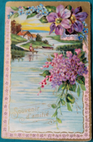 Antik virágos üdvözlő képeslap, tájkép orgona csokorral