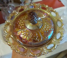 Iridescent gold amber art nouveau Fenton carnival serving bowl with lid