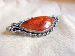 Antique Russian silver brooch with large Baltic amber