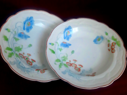 Antique porcelain deep plate, hand painted, watercolor poppy pattern (2 pieces)