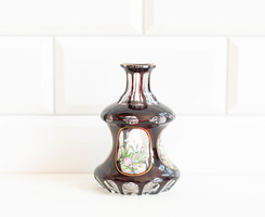 VÉGKIÁRUSÍTÁS! Antik csiszolt, hántolt biedermeier üveg váza - bordó kézzel festett, aranyozott váza