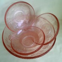 Pink glass salad bowl + 3 bowls, polished grape pattern. Very nice!