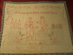 Régi, hímzett szöveges konyhai falvédő, 87x70