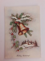 Régi karácsonyi képeslap rajzos levelezőlap harang havas táj fenyőág