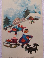 Old Christmas postcard with cartoon children's sled dog