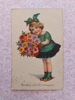 Old postcard 1935 postcard with little girl with flowers