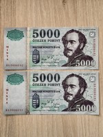 5000 forint UNC bankjegy 2006 MINTA  alacsony sorszámkövető pár !