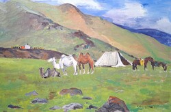 Nomád élet Ázsiában - tevék, lovak, Ázsia, mongol festőművész