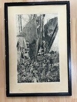 Old Greek relief - distant harbor etching in wooden frame