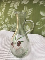 Small glass jug, spout, bottle 0.2 liter, with sticker inscription (ü)