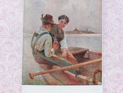 Romantic old couple postcard boating