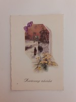 Régi karácsonyi képeslap rajzos levelezőlap havas táj mimóza