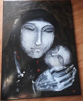 Motherhood fire enamel picture - marked Turi endre