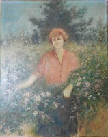 Woman among flowers - oil / canvas painting