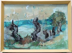 Louis Fílóp: trees by the water, expressive painting, marked