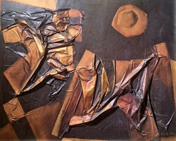 AKCIÓ! Nagyméretű egyedi absztrakt kép, applikált textillel - ritkaság! kortárs, modern enteriőrbe