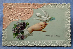 Antik romantikus dombornyomott csipke képeslap galambot tartó kéz ibolya nefelejcs