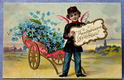 Antik   üdvözlő  litho képeslap postás hírhozó angyalka díszes talicska nefelejcs