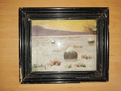 Vasváry: Téli kaszáló tájkép festmény üvegezett keretben, képkeret 23,5*27,5 cm