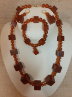 Retro real amber stone necklace bracelet earrings set in one