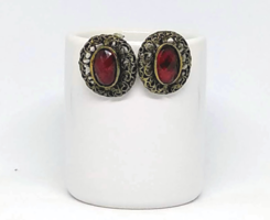 Filigree bronze oval earrings with large faceted ruby red crystal 67
