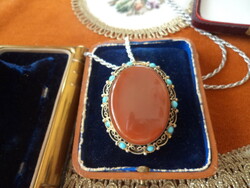 ​Israeli handmade silver pendant/brooch huge carnelian ? With stone and turquoise