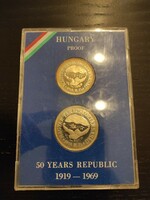 Tanácsköztársaság proof 1969 50 és 100 Ft forint ezüst érme pár plexi tokban ritka unc