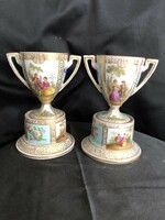 Pair of Dresden Two Handled hand painted pedestal vases c. 1900-10