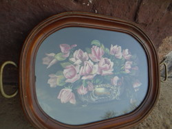 Large antique walnut heavy art nouveau tray with oil painting in the middle