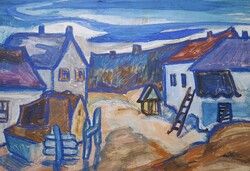 Mersits piroska (1926-1988): village - gallery painting - female painter, street scene