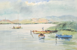 Agárd - Velencei-tó hajókkal - tájkép festmény keretben