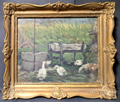 Geese - old oil painting in a beautiful frame - farm yard, village scene