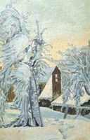 Winter landscape with cottages - cozy oil painting in a nice frame