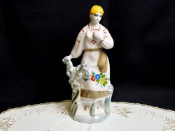 Old soviet-ukrainian-zhk polonne porcelain girl in flower patterned dress 24 cm tall