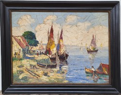 Zólyomi Remecz László (?-?), Mediterrán tengerpart Halászokkal 1900 körüli Eredeti Garanciával!