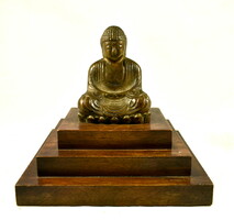 XX. sz. Keleti bronz szobor fa talpazattal : BUDDHA